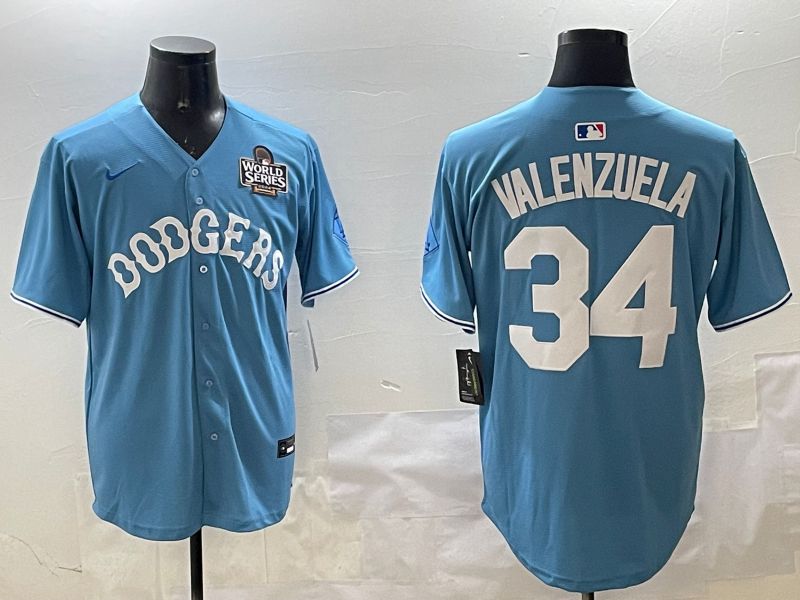 Men Los Angeles Dodgers #34 Valenzuela Light Blue Joint Name 2025 Nike MLB Jersey style 3163